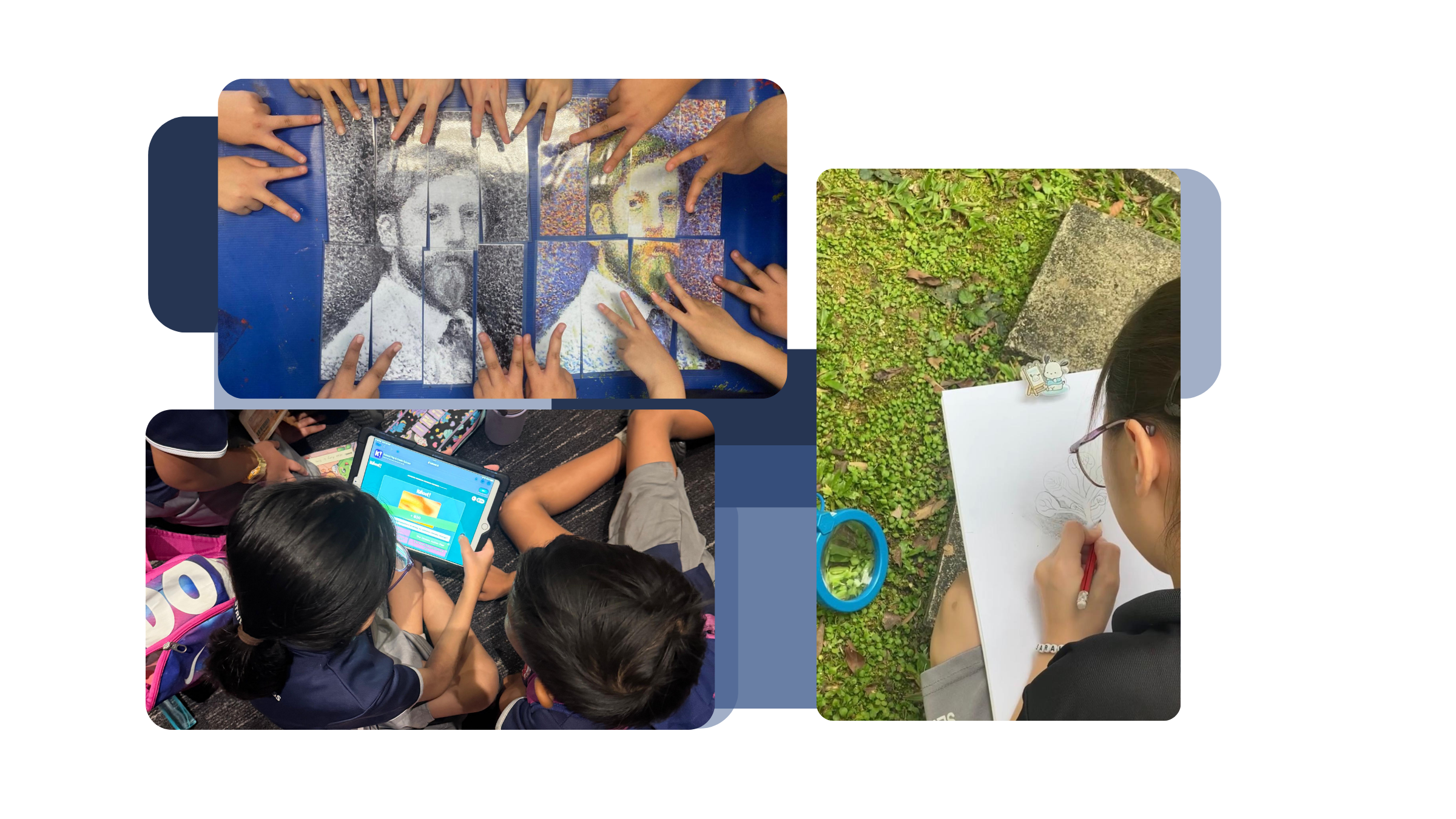 Art Club students assembling a collaborative portrait mosaic, working on a digital art activity on an iPad, and sketching outdoors on a sketchpad.